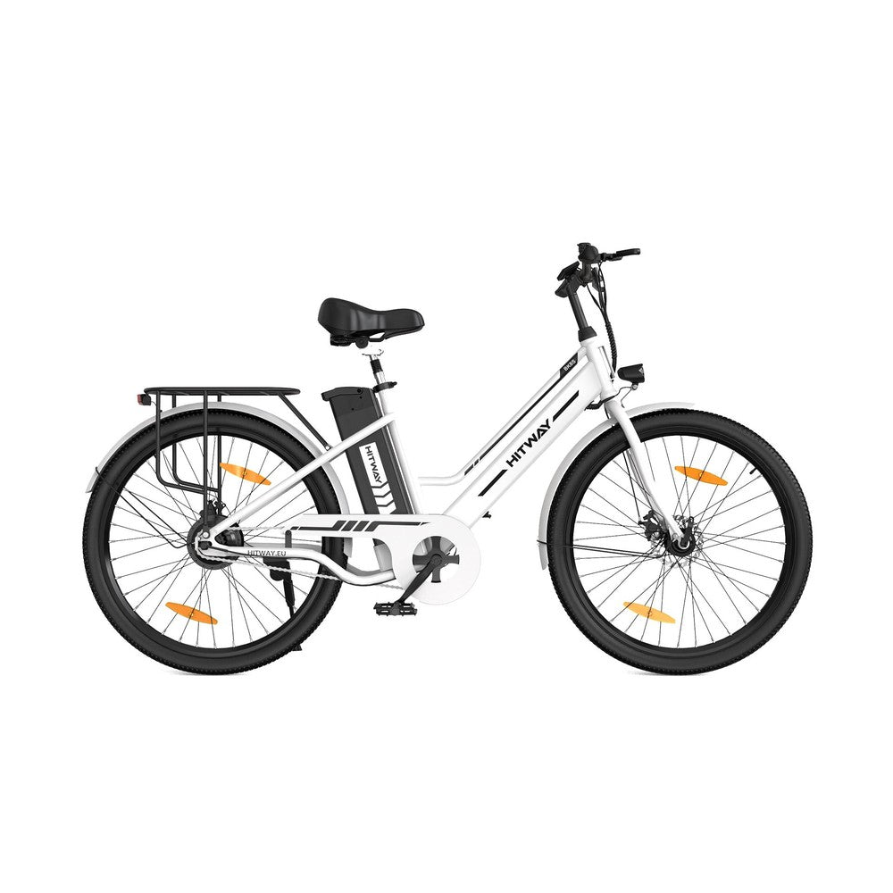 White electric bicycle with black wheels on a white background
