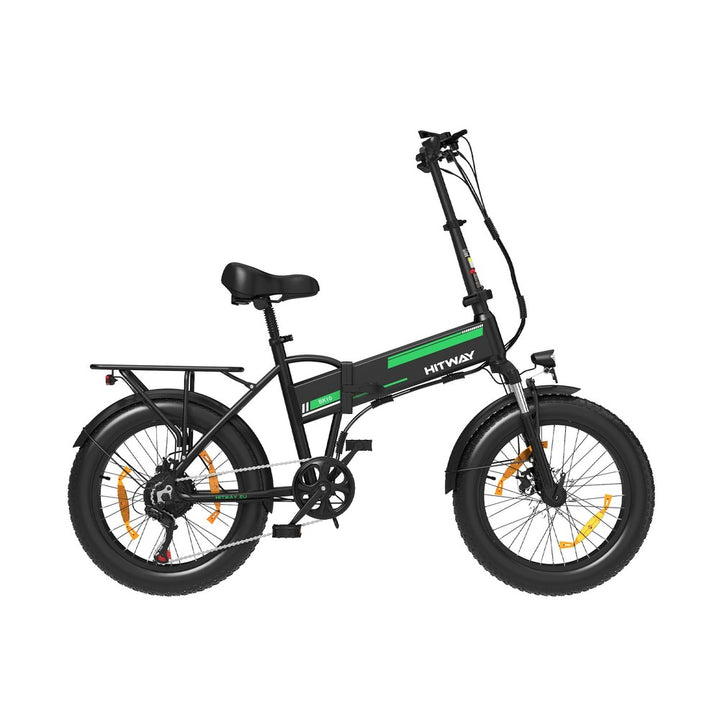 Black electric bike with green accents on a white background