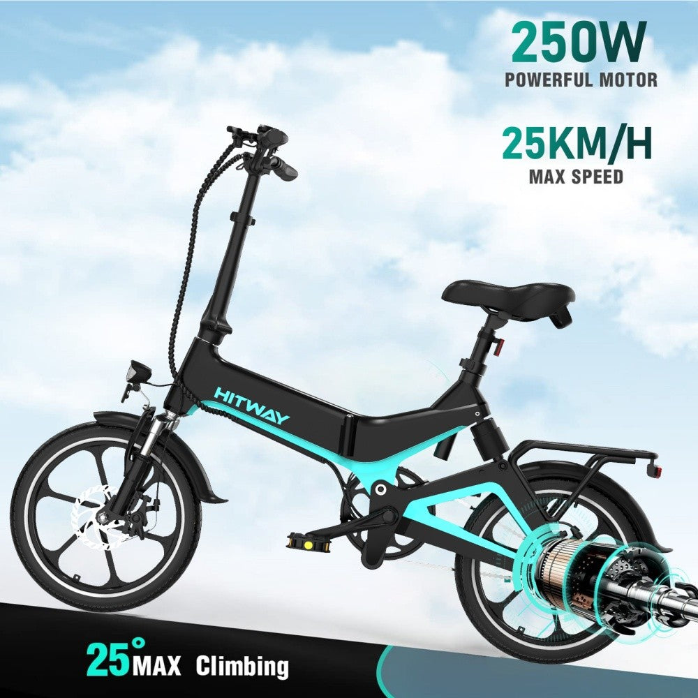 Foldable electric bike with specifications on a blue sky background