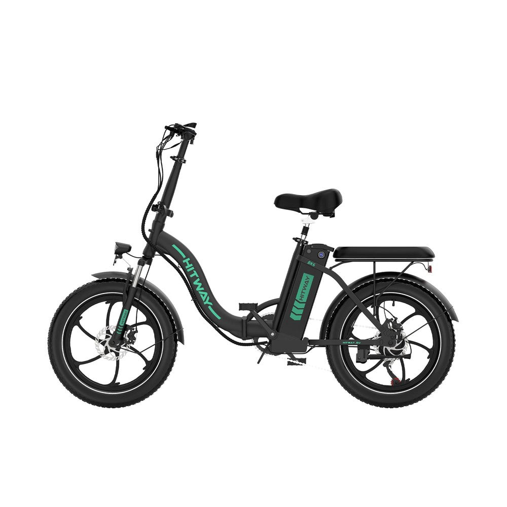 Black electric bike with green branding on a white background