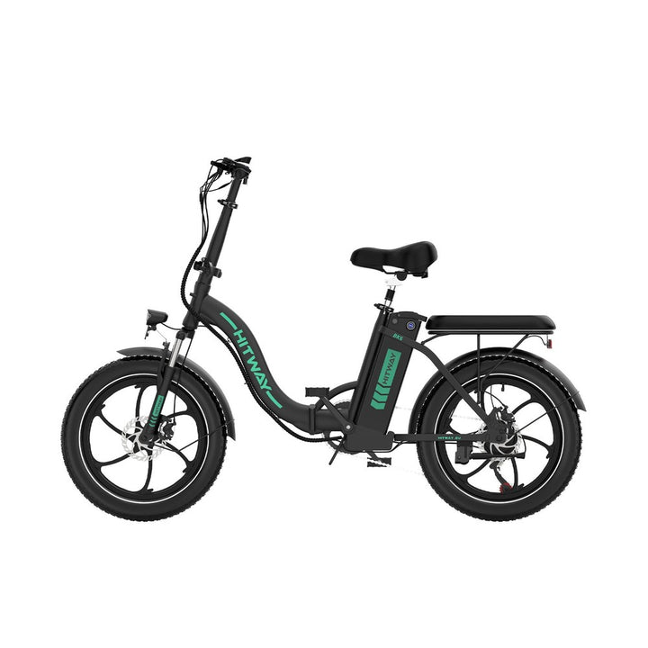 Black electric bike with green branding on a white background
