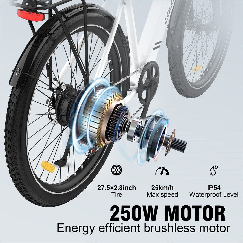 Close-up of a bicycle wheel with an electric motor, showing technical details and specifications.