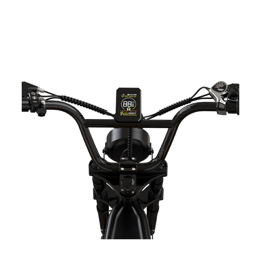 Close-up of a bicycle handlebar with electronic components on a white background