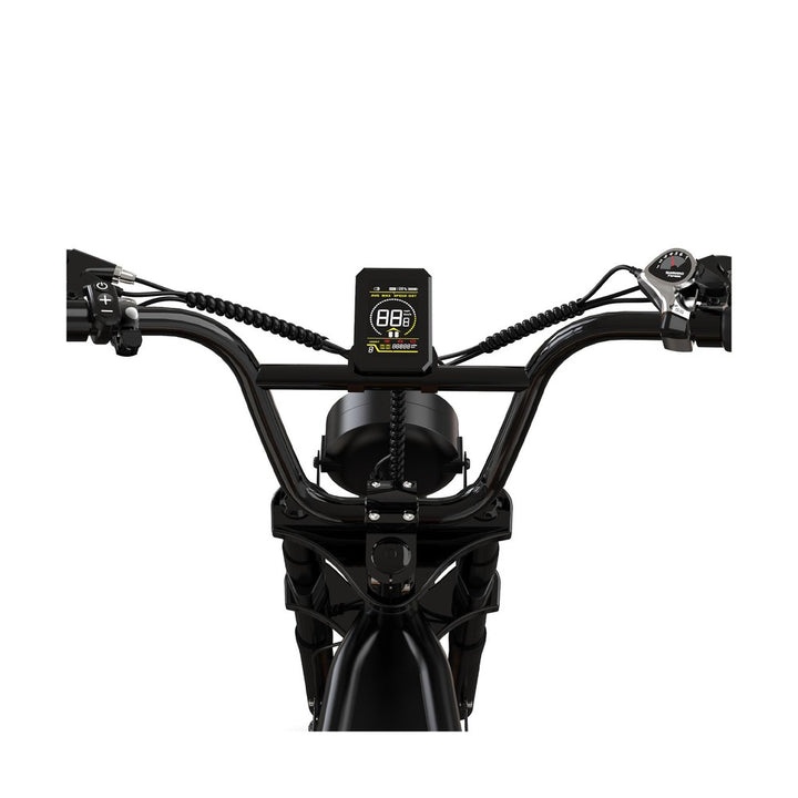 Close-up of a bicycle handlebar with electronic components on a white background