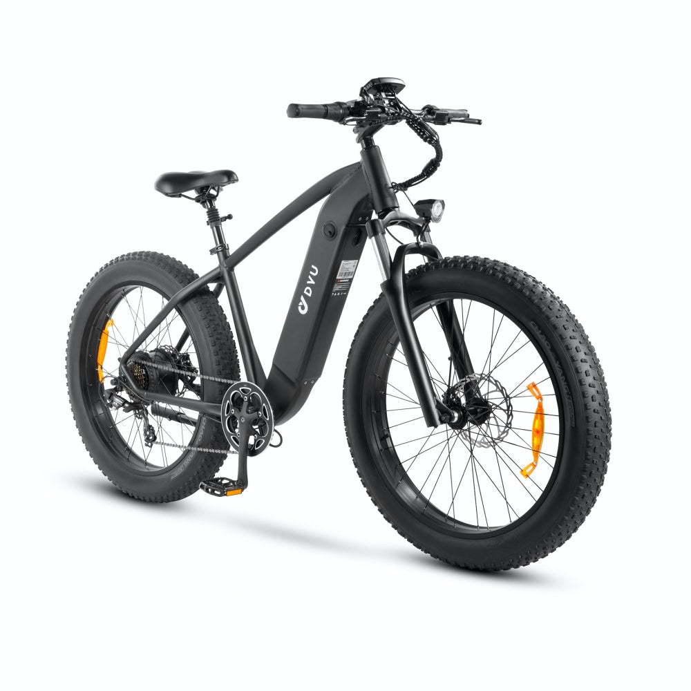 "DYU KING 750 electric mountain bike with fat tires, detachable battery, and large LED display"