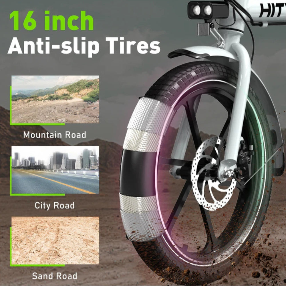 16 inch anti-slip tire with images of mountain, city, and sand roads on a dark background
