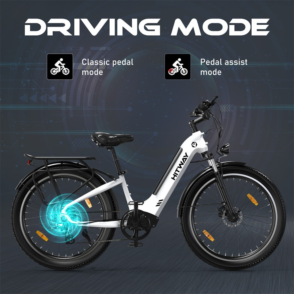 Electric bike with 'Driving Mode' text and icons on a dark background