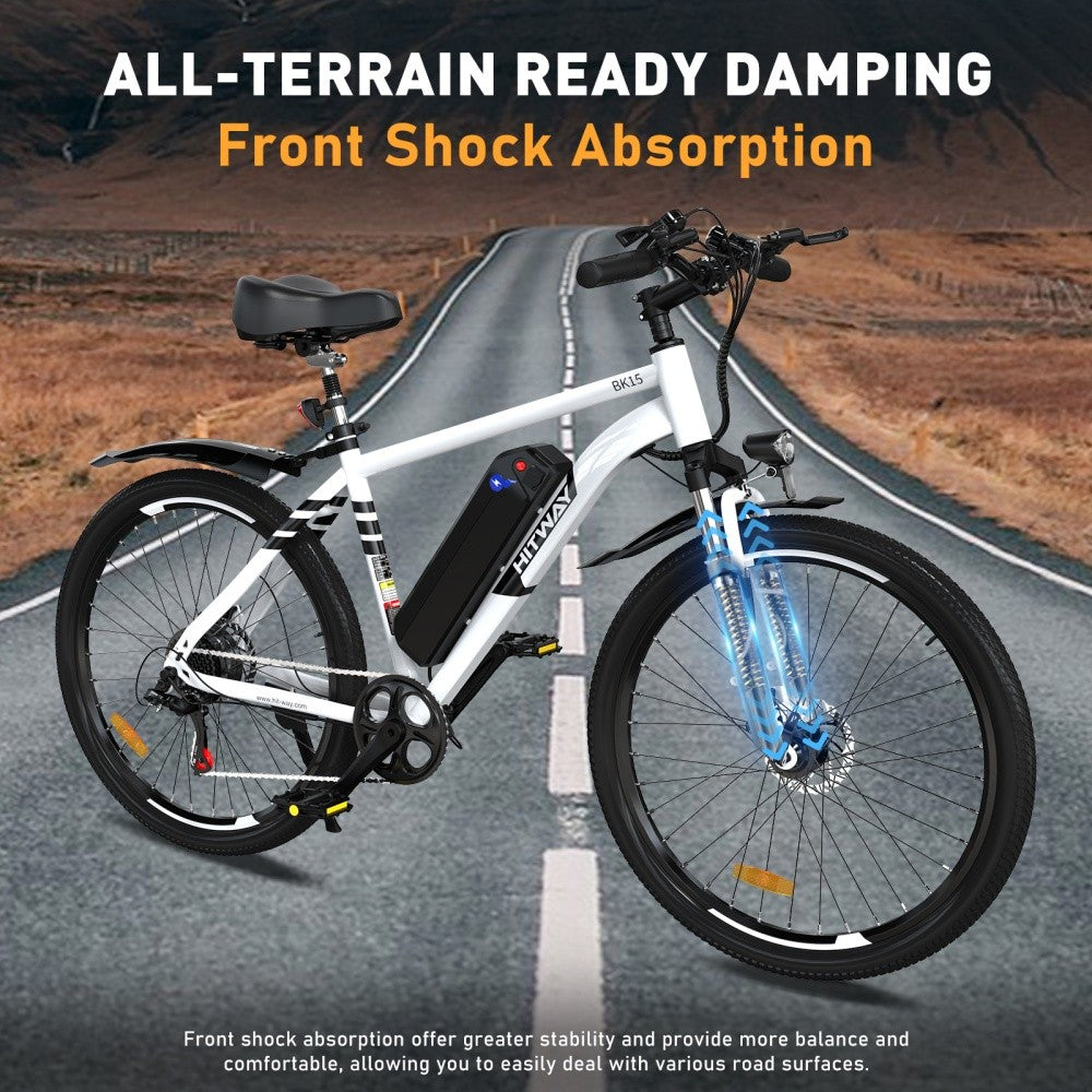 Electric bike on a road with 'All-Terrain Ready Damping' text