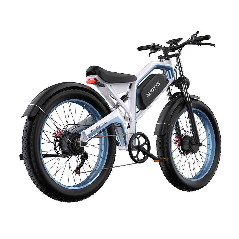White electric bike with blue accents on a white background