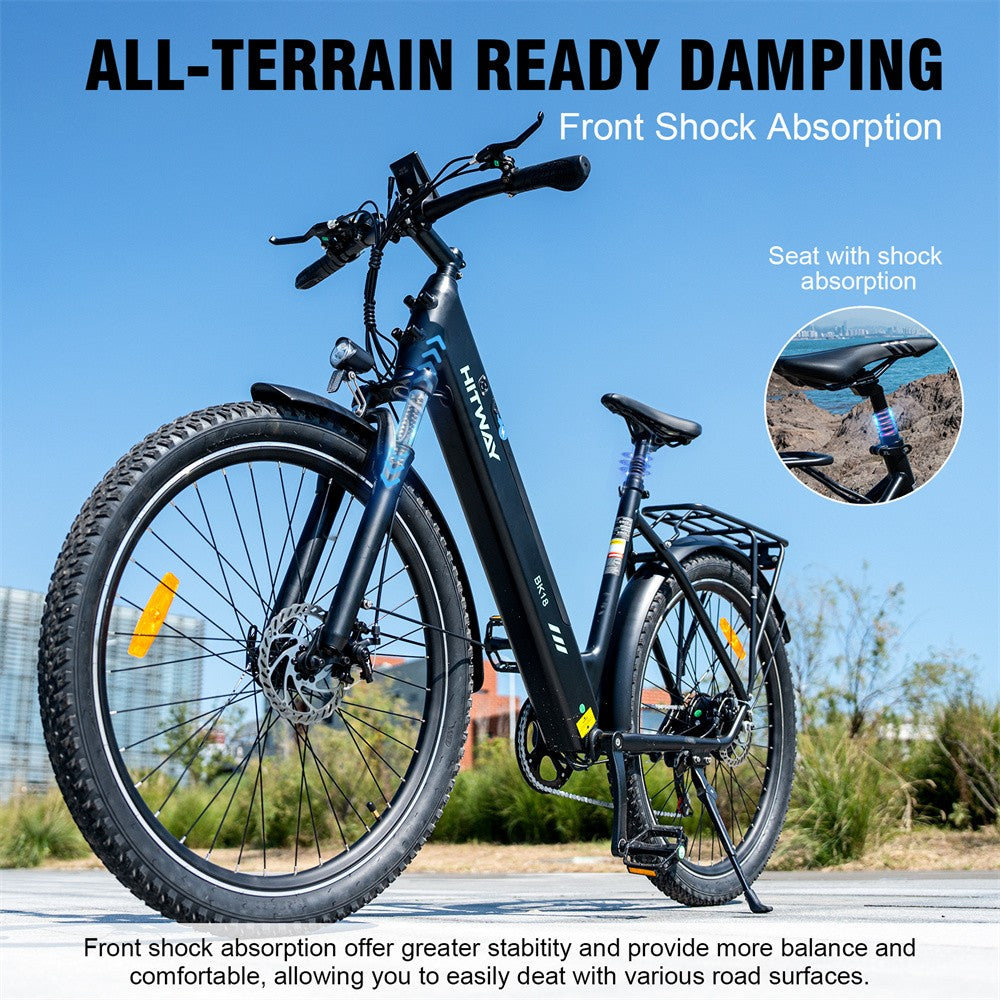 Electric bike with front shock absorption feature on a clear day