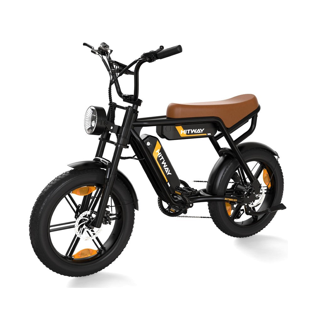 Black electric bike with a brown seat on a white background