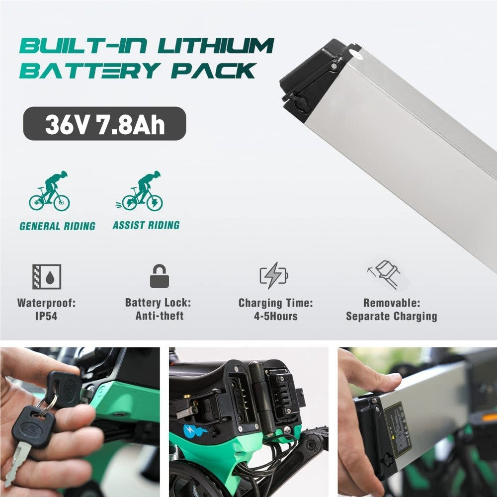 Bicycle battery pack with features and specifications on a white background