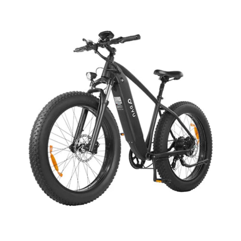 "DYU KING 750 Electric Mountain Bike with 26-inch fat tires, LED display, and detachable battery"