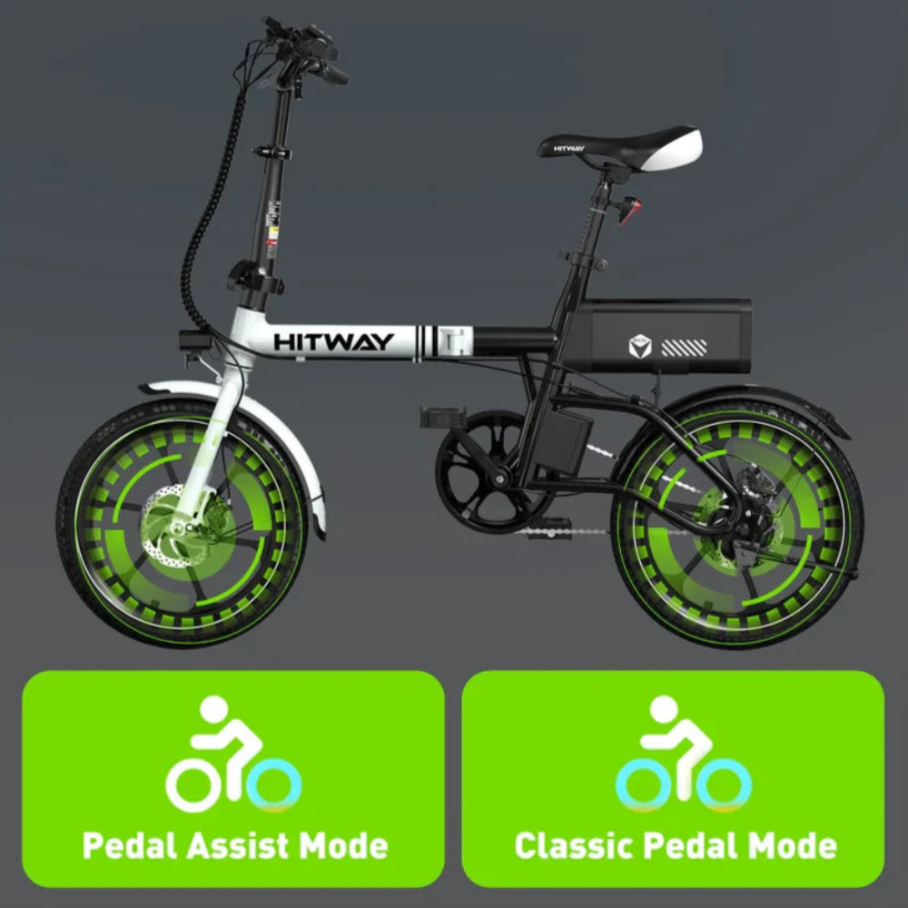 Electric bike with green wheels on a dark background, featuring 'Hitway' branding.