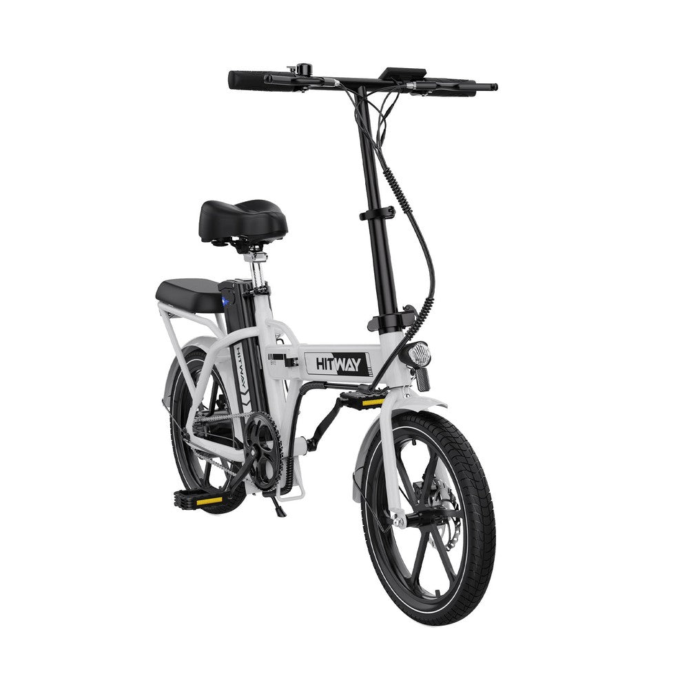 White electric bike with black seat on a white background