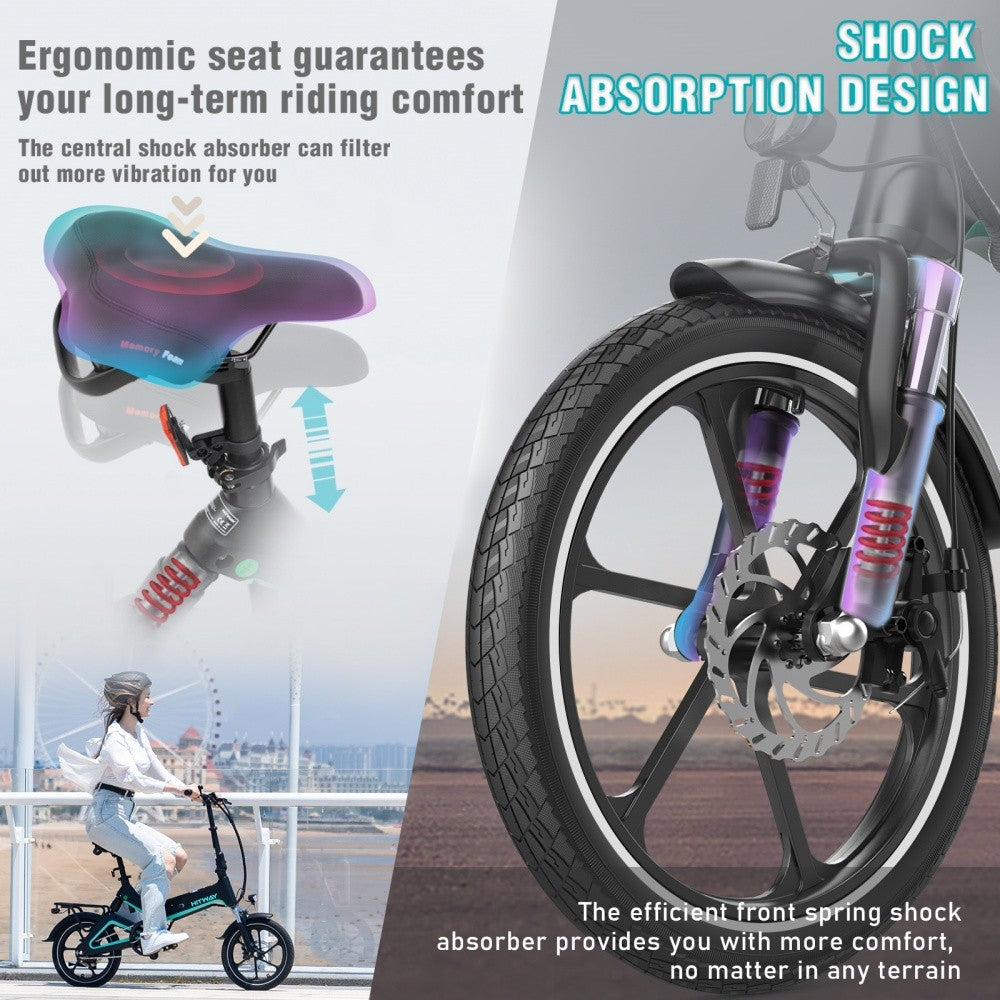 Ergonomic seat and shock absorption design of a bicycle with text highlighting comfort and vibration reduction.