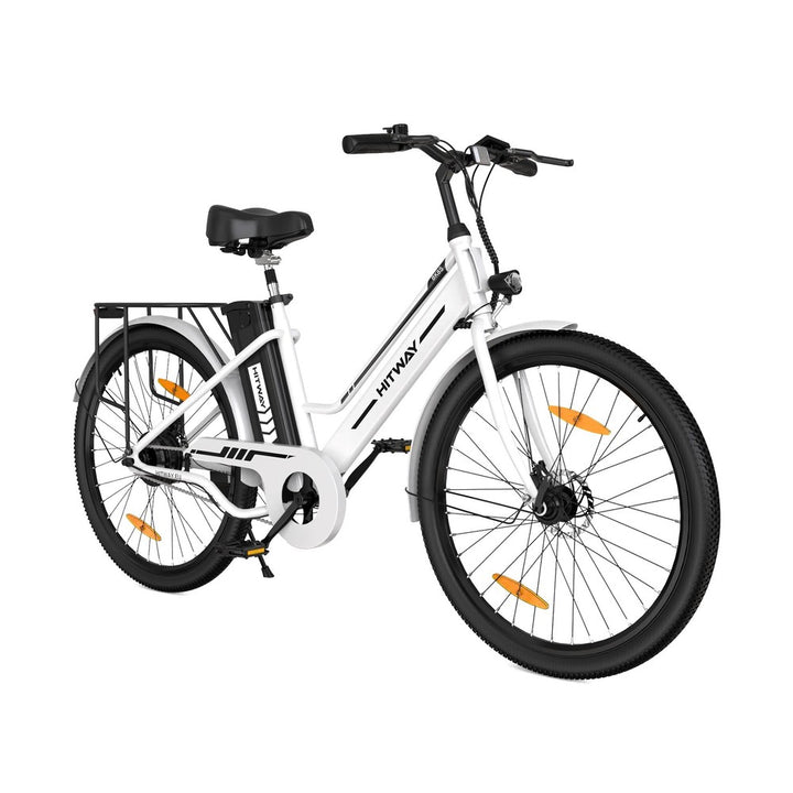 White electric bicycle with black wheels on a white background