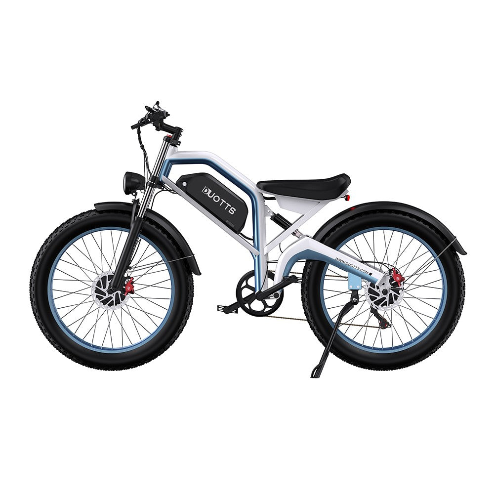 White electric bike with black wheels on a white background