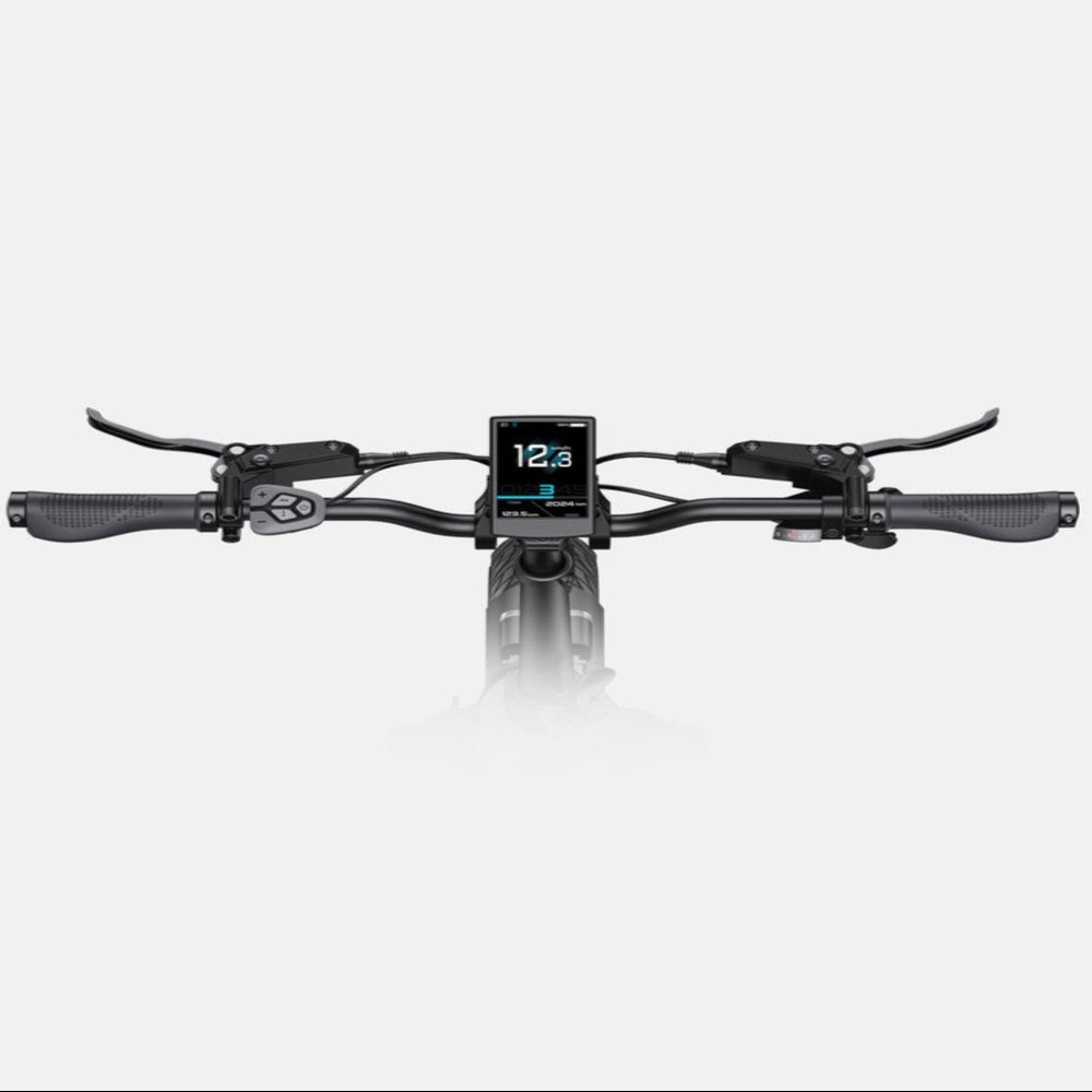 Bicycle handlebars with a digital display on a white background