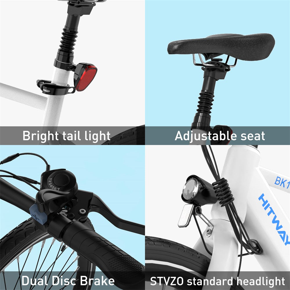 Bicycle features including bright tail light, adjustable seat, dual disc brake, and STVZO standard headlight.