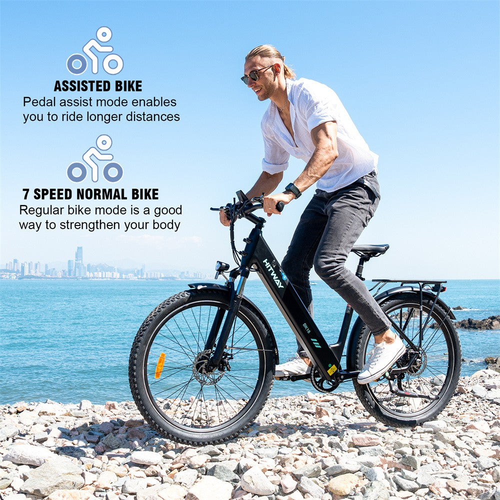 Man riding an electric bike by the sea with text about assisted and normal bike modes.