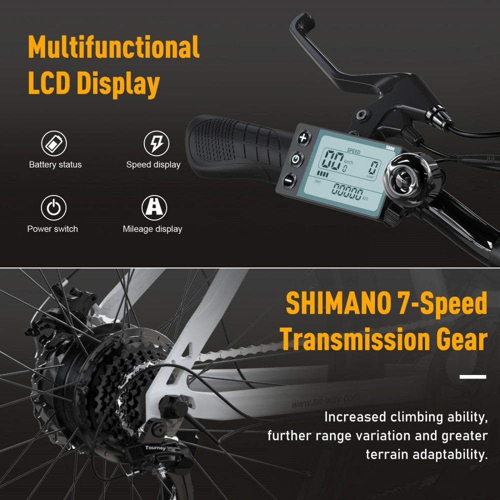 Multifunctional LCD display and Shimano 7-speed transmission gear on a dark background
