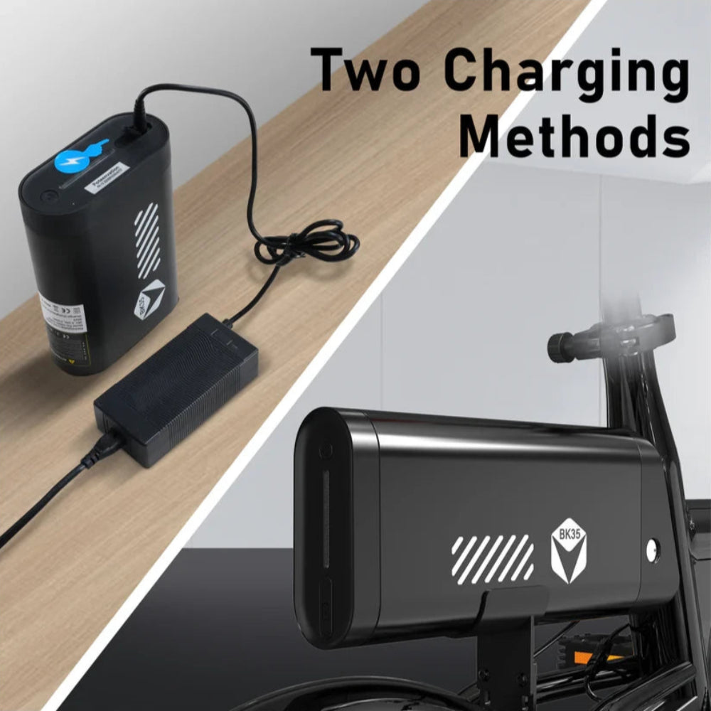 Two charging methods for a device, one on a wooden surface and the other attached to a vehicle.