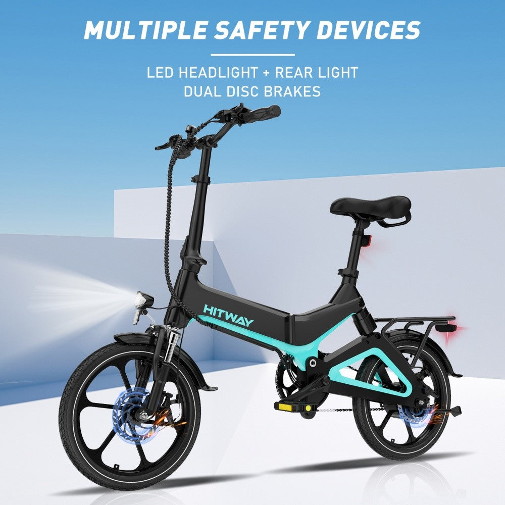 Black and teal Hitway electric bike with safety features on a blue and white background