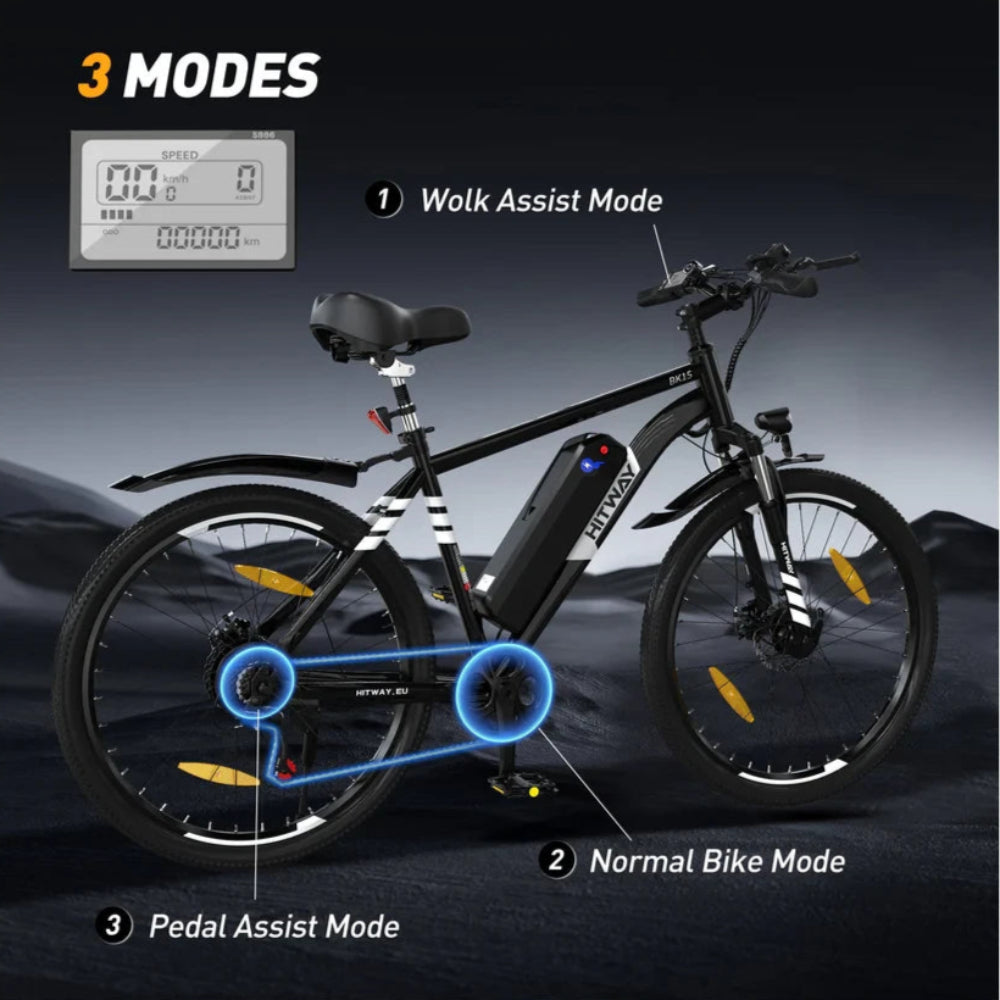 Electric bike with mode indicators on a dark background