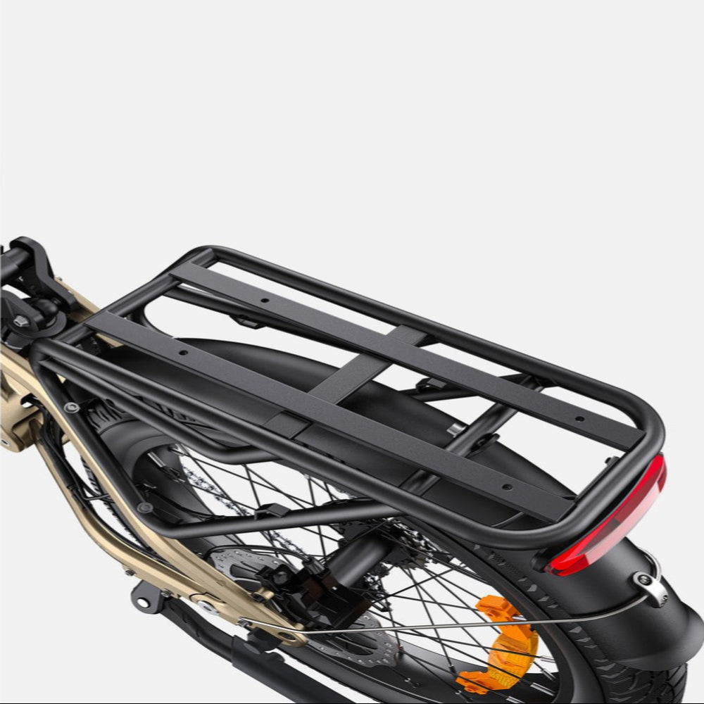 Black bicycle rack attached to a bike on a white background