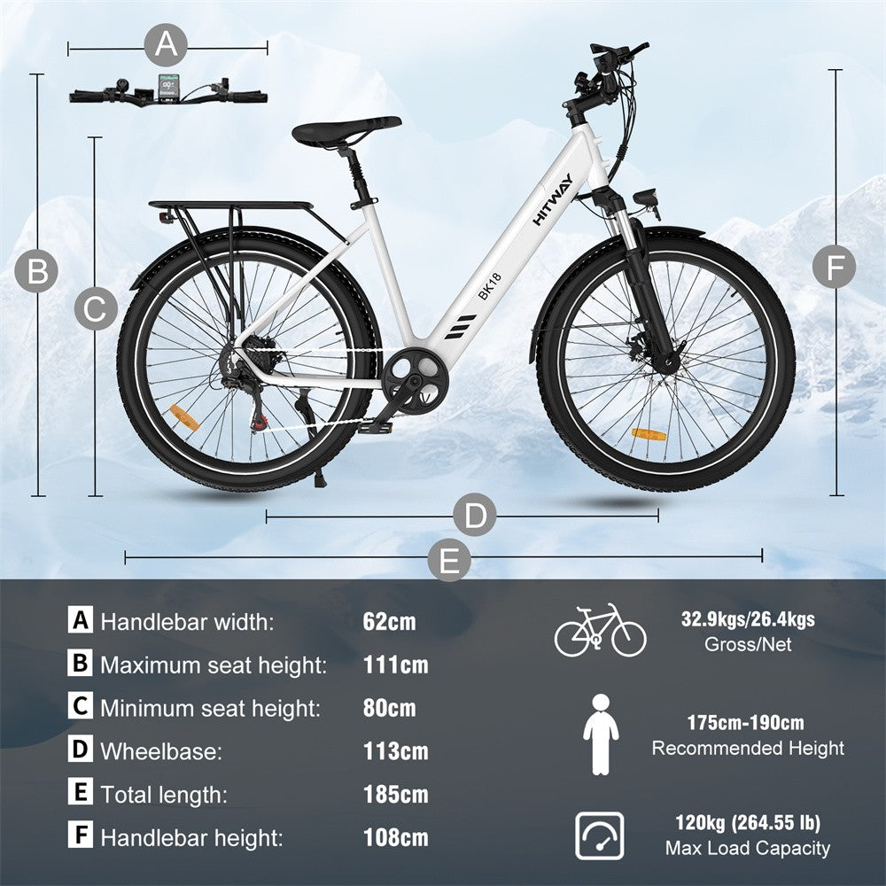 White electric bicycle with measurements on a light blue background