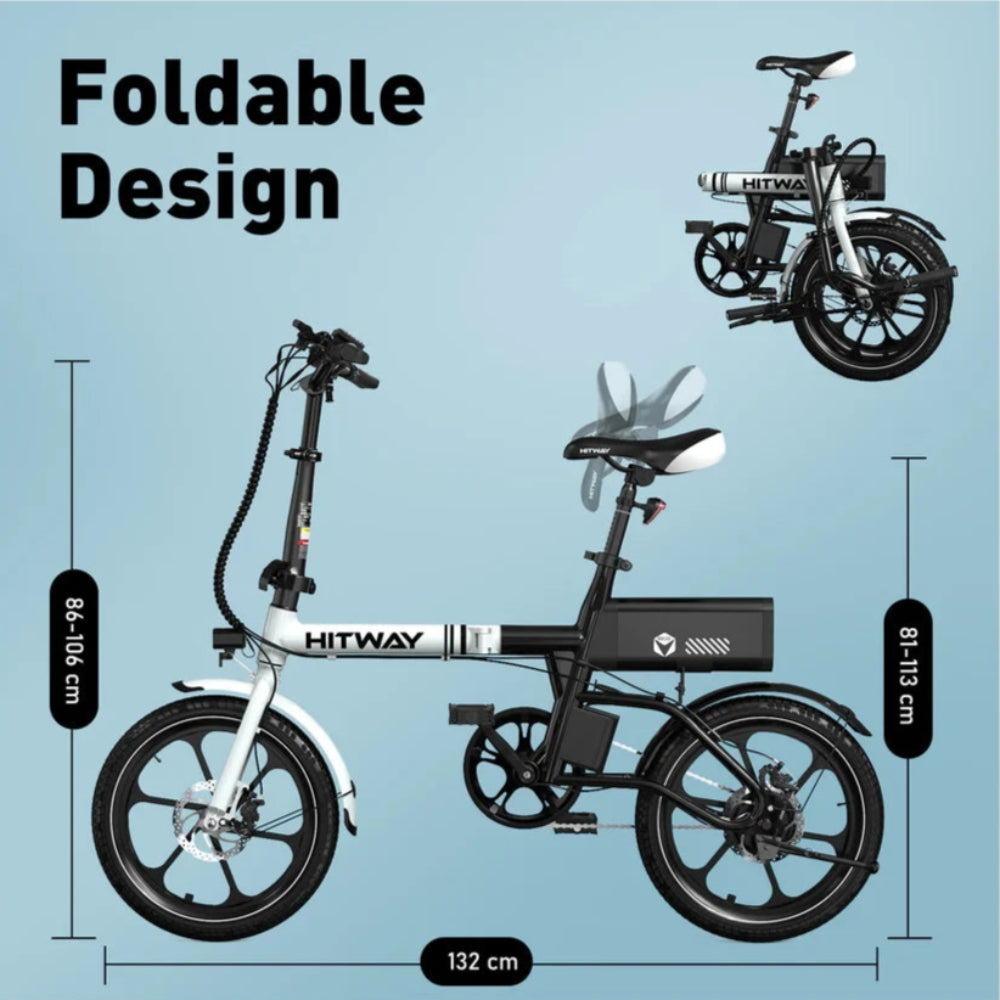 Foldable electric bike with dimensions on a blue background