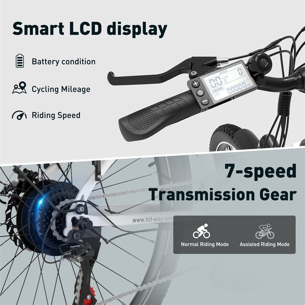 Smart LCD display on a bicycle handlebar with features listed and a 7-speed transmission gear highlighted.