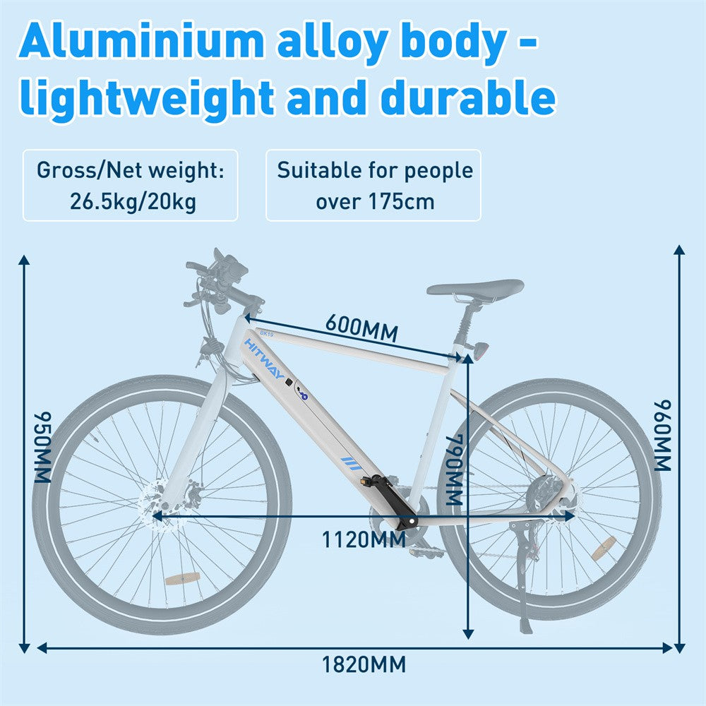 Bicycle with dimensions and weight information on a blue background