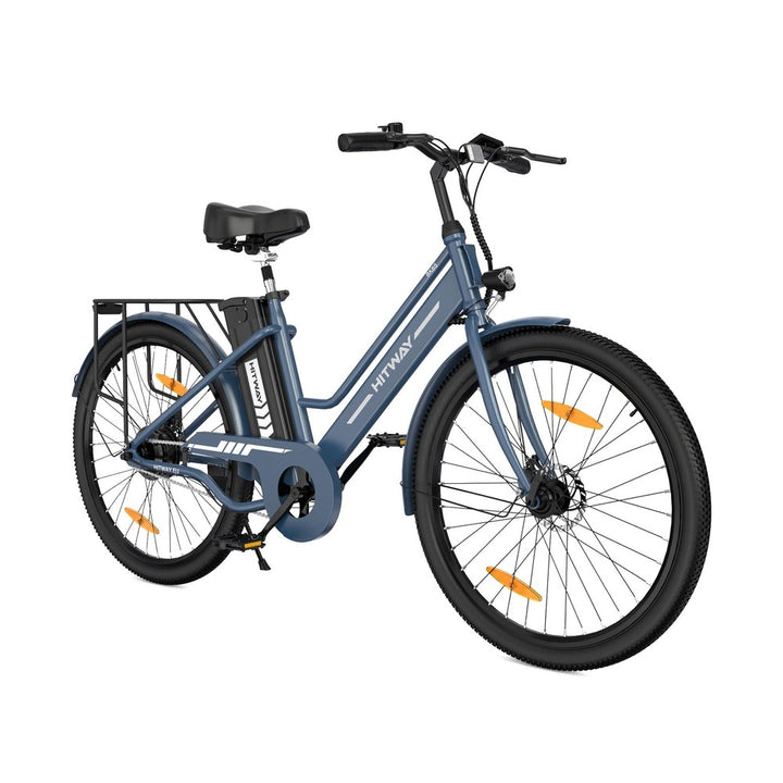 Blue electric bicycle with orange reflectors on a white background