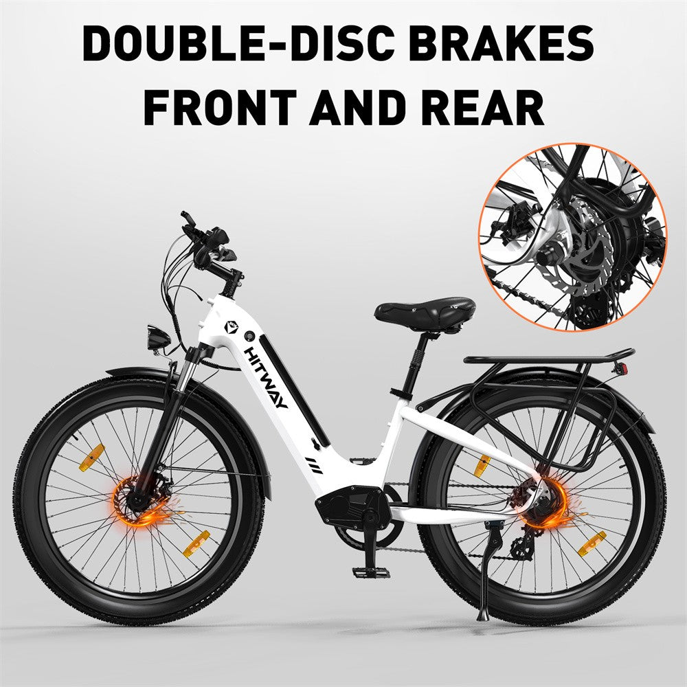 White electric bike with double-disc brakes front and rear, featuring HITWAY branding.