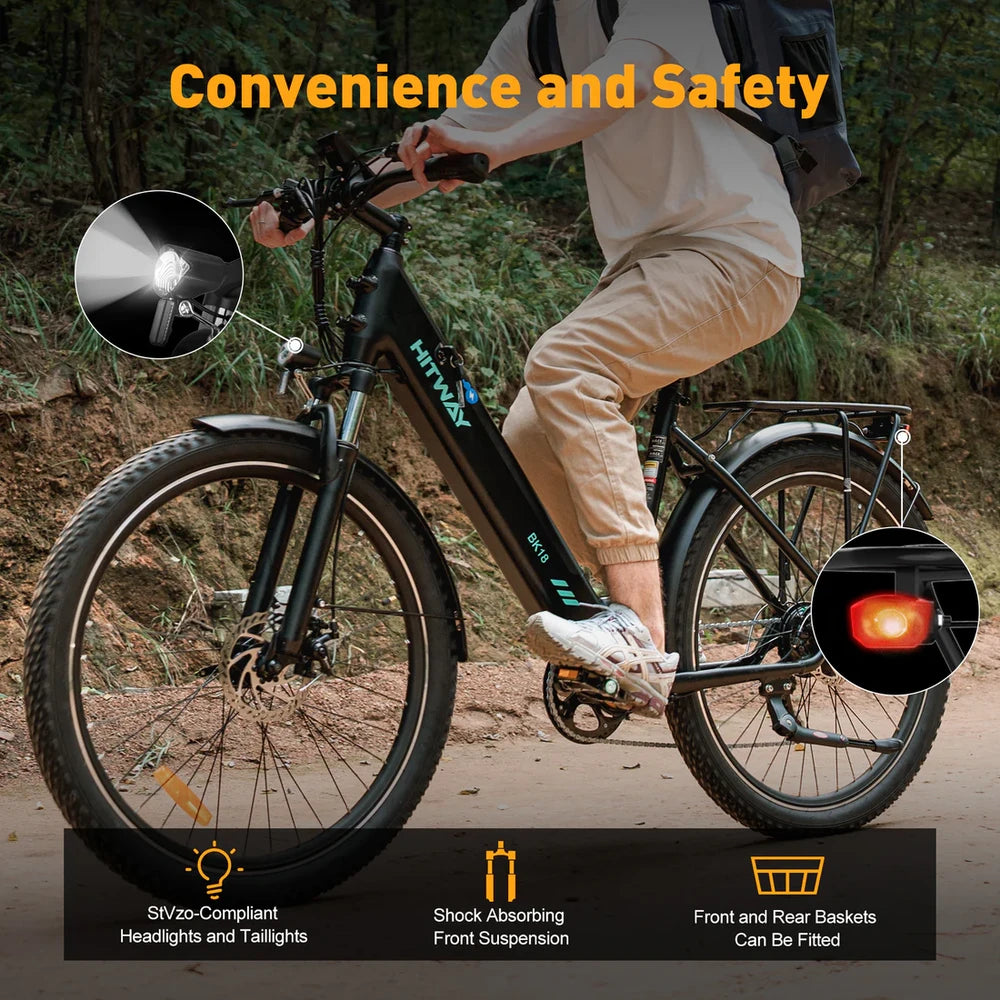 Person riding an electric bike with highlighted features on a natural path