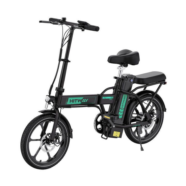 Black electric bike with green accents on a white background