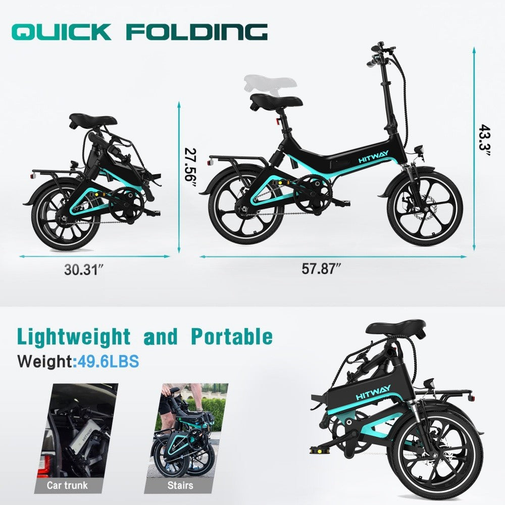 Foldable electric bike with dimensions and weight information on a white background