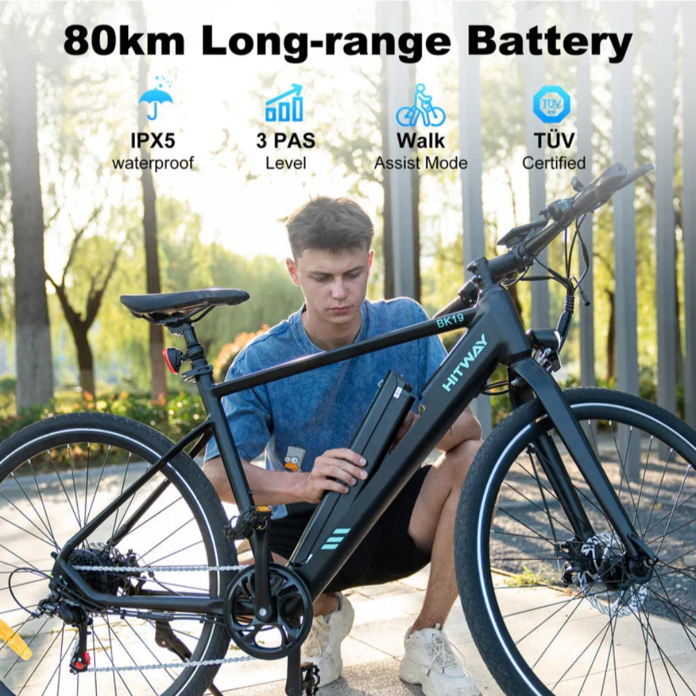 Electric bike with features highlighted, including a long-range battery and various certifications, with a person holding the battery pack outdoors.