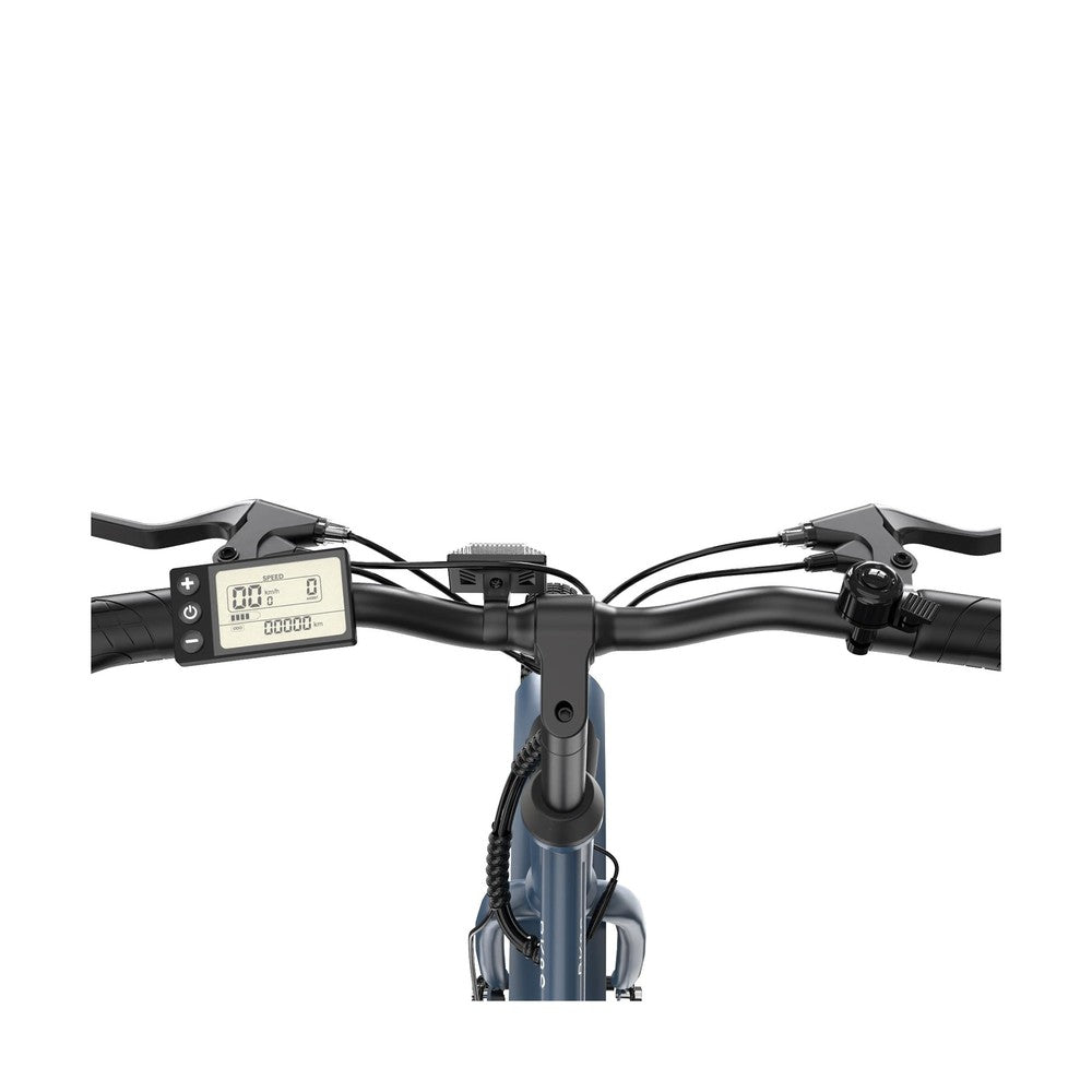 Close-up of bicycle handlebars with a digital display on a white background