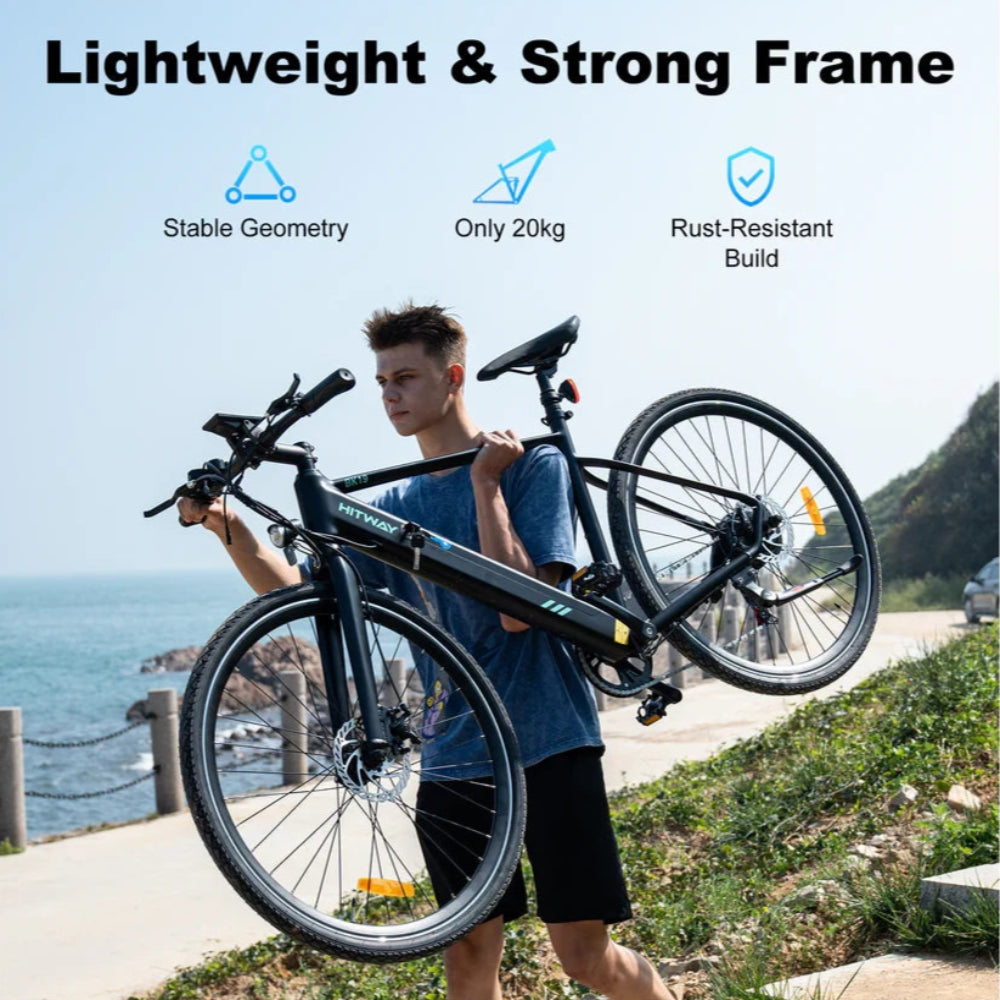 Person carrying a bicycle with text highlighting features like 'Lightweight & Strong Frame' on a scenic background.