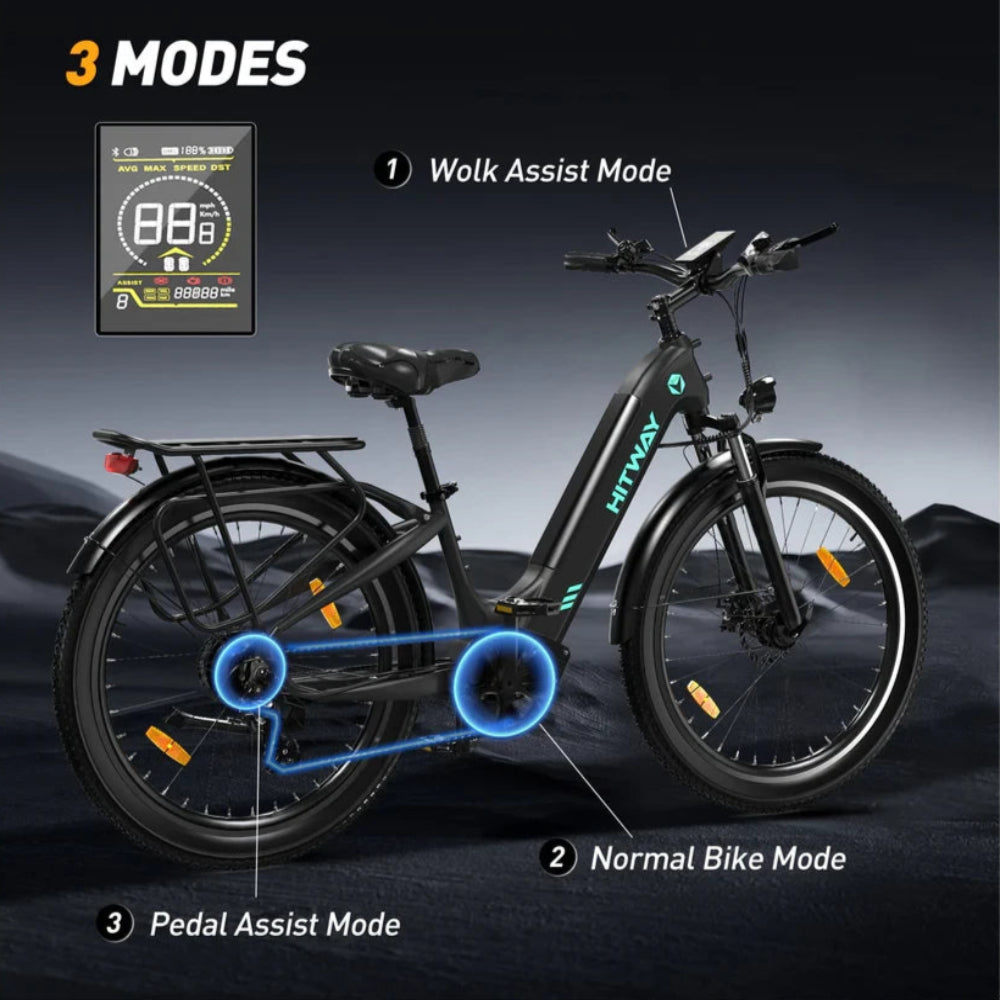 Electric bike with mode indicators on a dark background