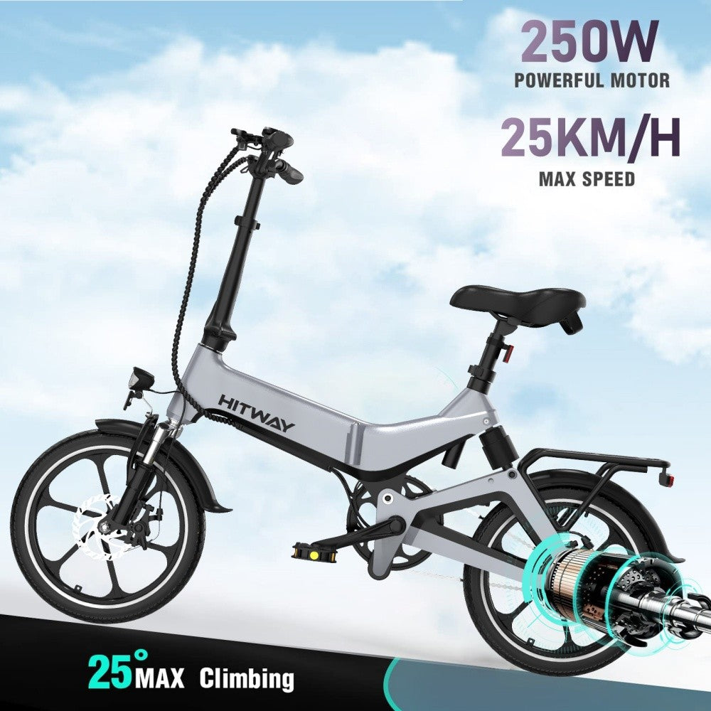 Electric bike with specifications on a blue sky background