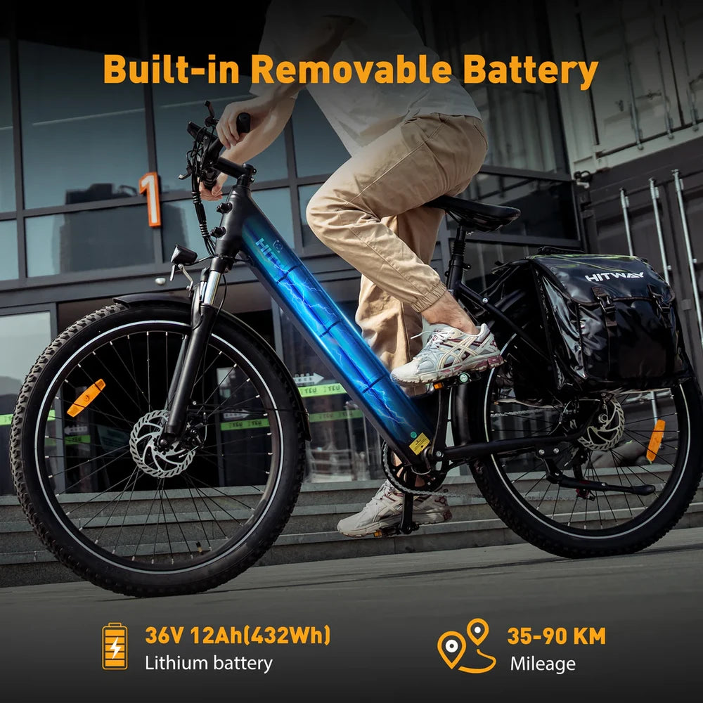 Person riding a blue electric bike with text about built-in removable battery and battery specifications.