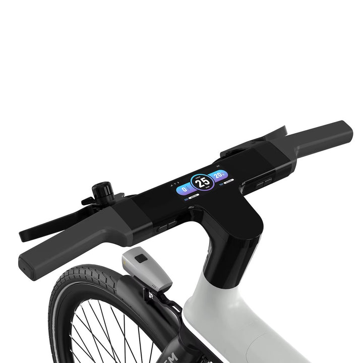Close-up of a bicycle handlebar with a digital display on a white background