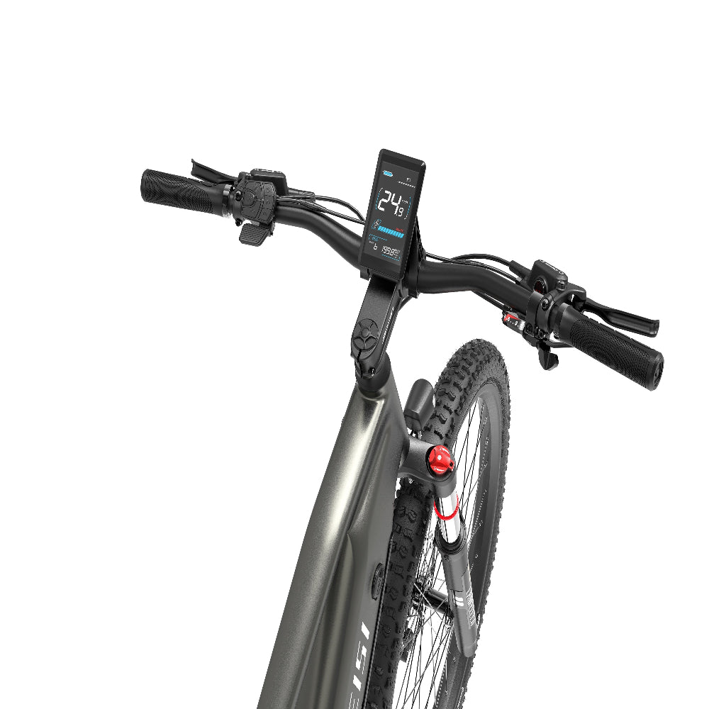 Close-up of an electric bike handlebar with a digital display on a white background