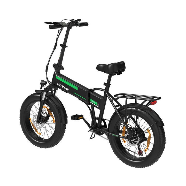 Black electric bike with green branding on a white background