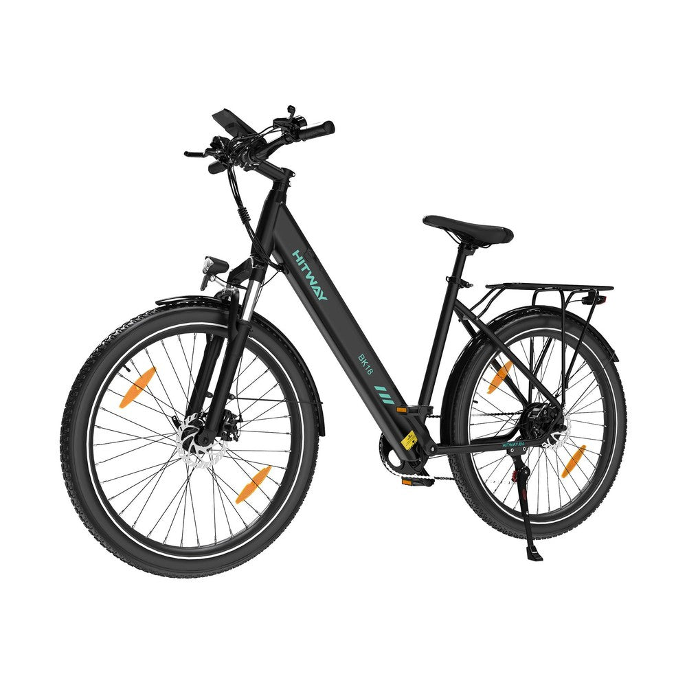 Black electric bicycle with visible brand name on a white background