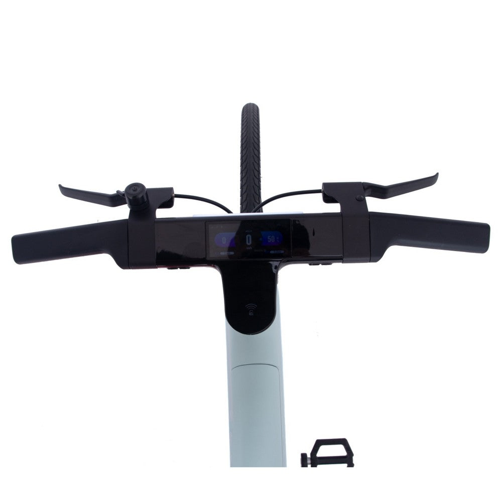 E bike handlebar assembly with digital display on a white background